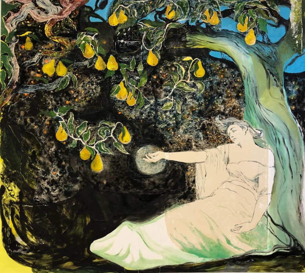 Mie Mørkeberg: Pear Tree, 2021. Olie på lærred, 170 x 190 cm. Randers Kunstmuseum.